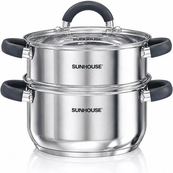 Sunhouse Stainless Steel Steamer Pot for Cooking - 3 QT Steaming Pot with Lid & Steamer Basket - 2 Tier Tri-Ply Bottom Vegetable Steamerwith Stay-Cool Silicone Handles - Induction Compatible Cookware