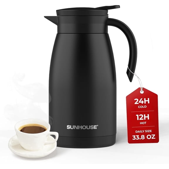 Sunhouse 34 Oz Stainless Steel Thermal Coffee Carafe, Double Wall Vacuum Insulated - Black