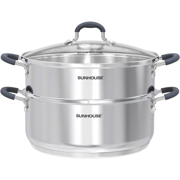 Sunhouse 6.3 Qt Stainless Steel Steamer Pot with Glass Lid and Basket, 2-Tier Vegetable Steamer, Induction