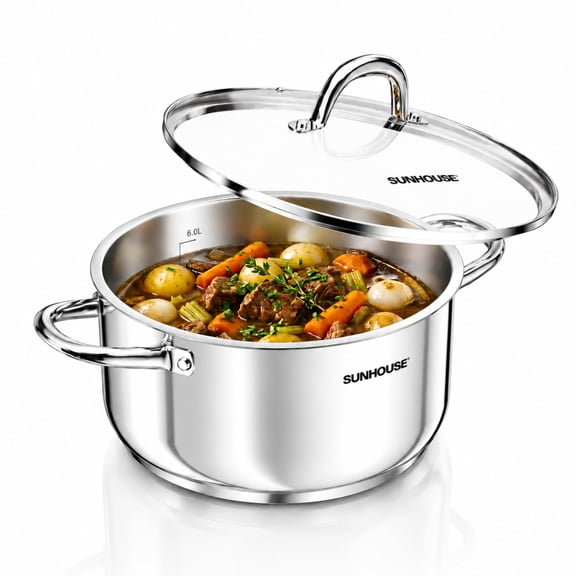 Sunhouse 8 Quart Stock Pot with Lid - 3-Ply Base Stainless Steel Cooking Pot - 8 QT Canning Dutch Oven Stock Pots - Oven Safe & Induction Cookware