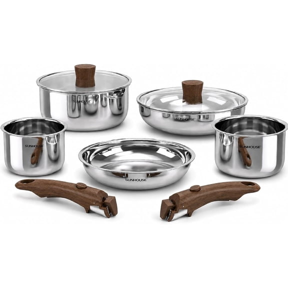 SUNHOUSE 9pcs Tri-Ply Stainless Steel Cookware Set with Detachable Handle
