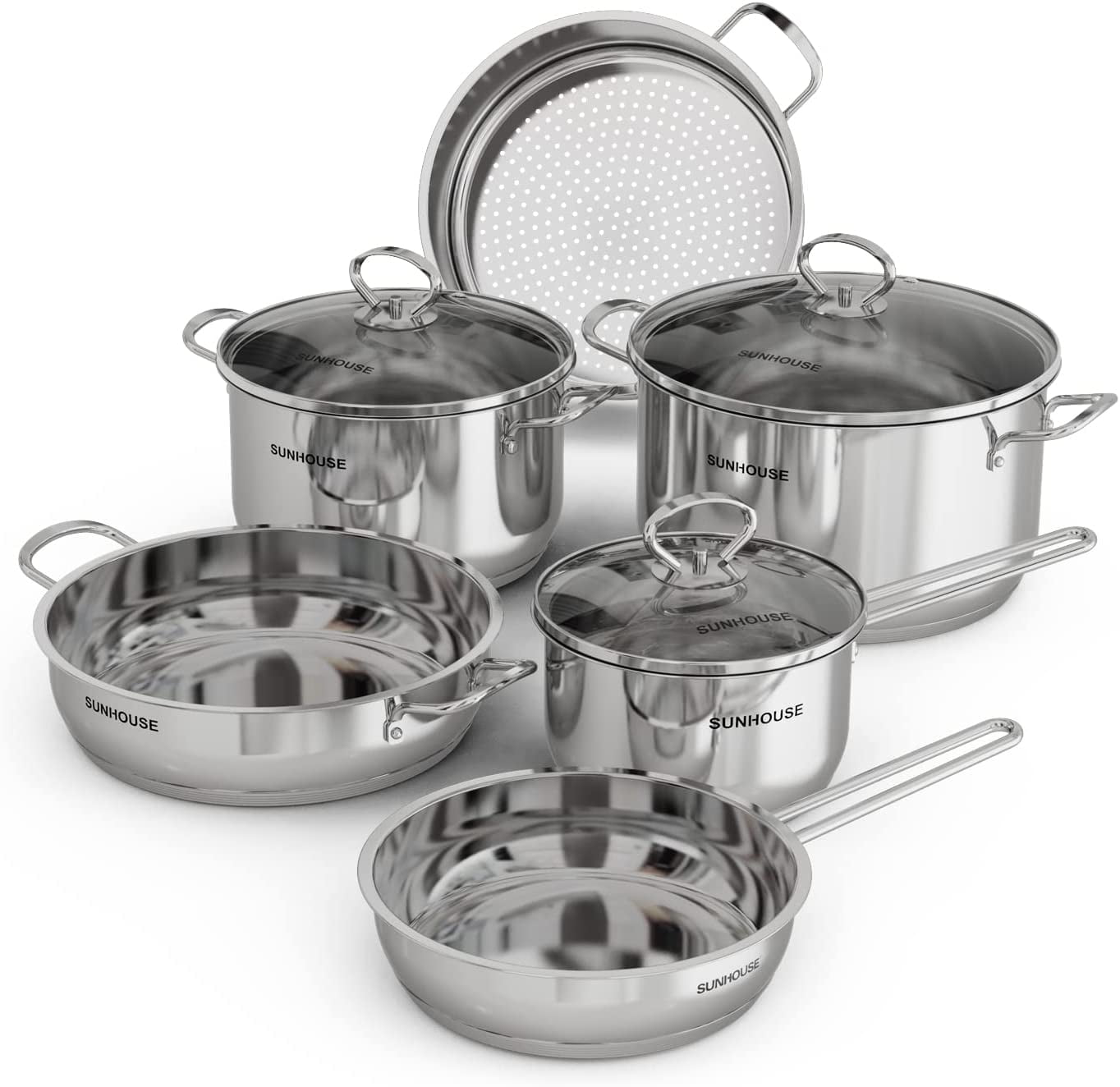 SUNHOUSE Multifunction 9Pieces Stainless Steel Cookware Set with