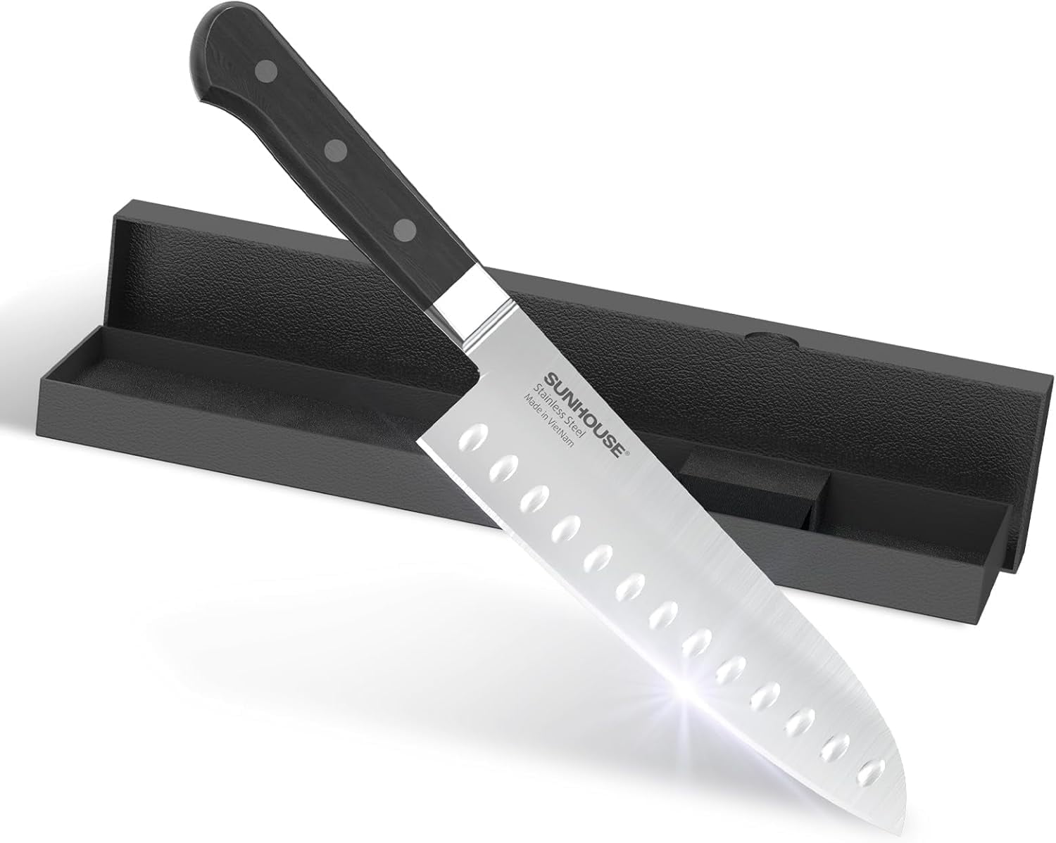 Sunhouse 7 inch Santoku Knife, AUS-8 Stainless Steel Superior 59HRC Hardness with Ergonomic Handle