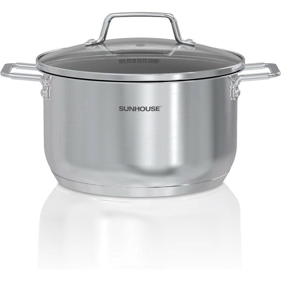 SUNHOUSE 18/8 Stainless Steel Stock Pot - 6 Quart Heavy-Duty Induction Cooking Pot with Visible Lid for Pasta, Soup, Spaghetti - Nonstick Thick-Bottom Deep Stockpot