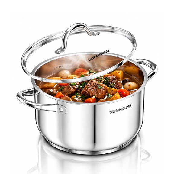 Sunhouse 6 Qt Stainless Steel Stock Pot with Glass Lid, Thick Base, Induction Cooking Pot for Soup and Pasta