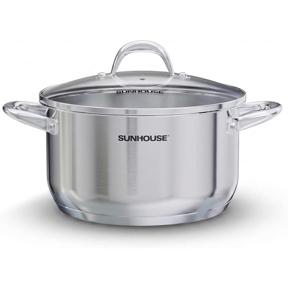 SUNHOUSE Stainless Steel Stock Pot - 6 Quart Heavy-Duty Induction Cooking Pot with Visible Lid for Pasta, Soup, Spaghetti - Nonstick Thick-Bottom Deep Stockpot for Canning, Boiling, and Simmering