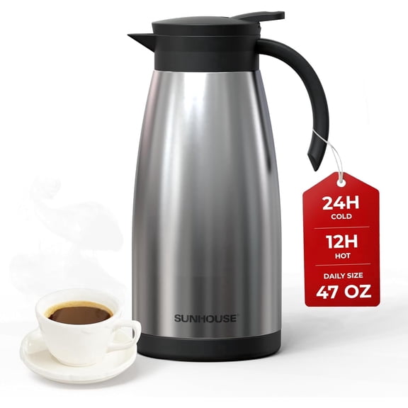 SUNHOUSE Thermal Coffee Carafe, 1.4L (47 oz), Stainless Steel, Double Wall Vacuum Insulated, 12-Hour Hot and 24-Hour Cold, Beverage Server for Milk & Coffee