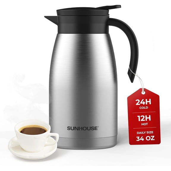 SUNHOUSE Thermal Coffee Carafe, Stainless Steel, 1L (34 oz), Double Wall Vacuum Insulated, 12-Hour Hot and 24-Hour Cold, Beverage Server for Milk and Coffee