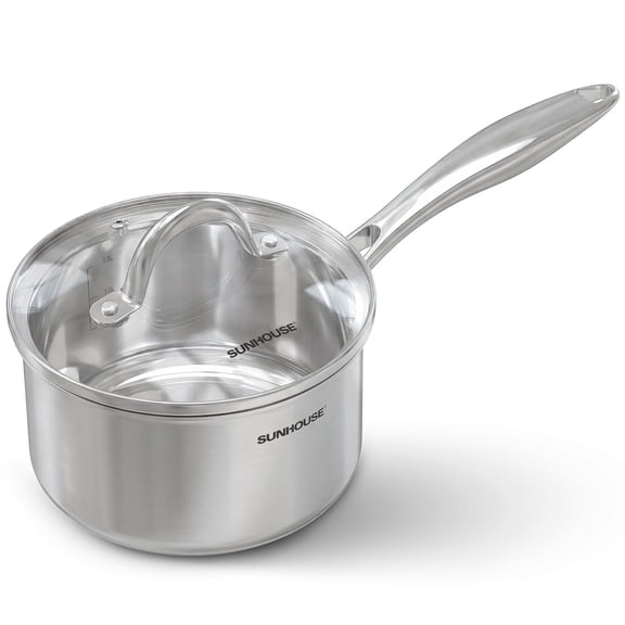 Sunhouse: Stainless Steel Tri-Ply Saucepan - 2 Quart - Tempered Glass Lid, Whole Clad Premium 18/8, Uncoated Pot, All Cooktops, Oven-Dishwasher Safe