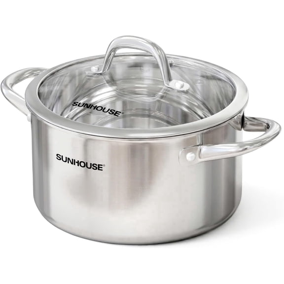 Sunhouse Professional 7-Quart Whole-Clad Multi-Ply Stainless Steel Stock Pot with Lid - Premium 18/10 - Induction Ready, Oven Safe Dishwasher Safe Cooking Pot