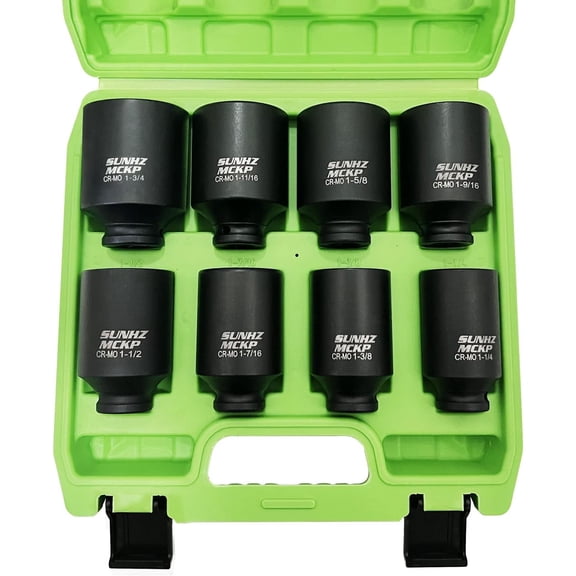 SUNHZMCKP 1/2" Drive Deep 6-Point Impact Socket Set, 8-Piece Standard SAE Spindle Axle Nut Impact Socket Set, Cr-Mo, 1-1/4-Inch to 1-3/4-Inch Size