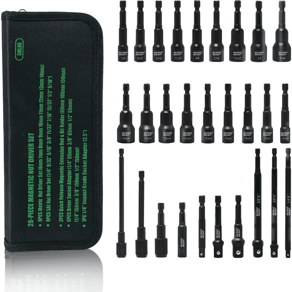 SUNHZMCKP Magnetic Nut Driver Set, 28 PCS Impact Driver Bit Set with 1/4" Quick Change Hex Shank, Metric & SAE Deep Nut Driver Set with Impact Socket Adapters, Bit Holder and Storage Bag