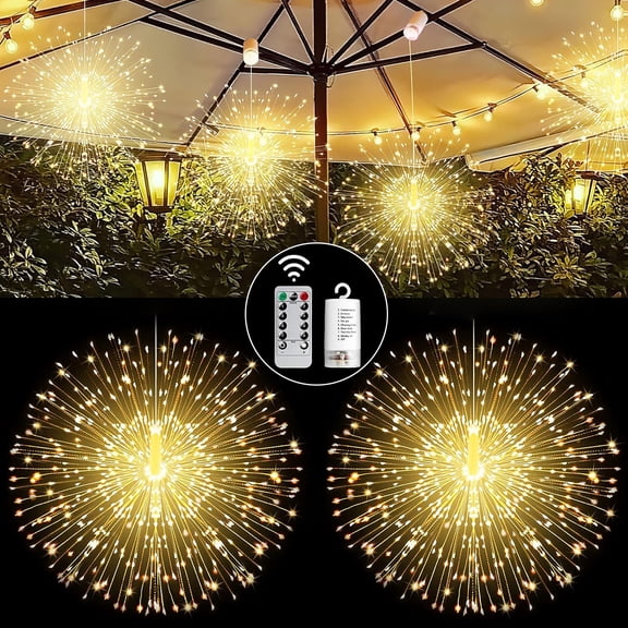 SUNICOL 2-Pack 200 LED Starburst Lights, Battery Operated Firework Lights with Remote and Timer, 8 Modes Dimmable Copper Wire Hanging Sphere Fairy Lights for Patio Garden Christmas Party Decor