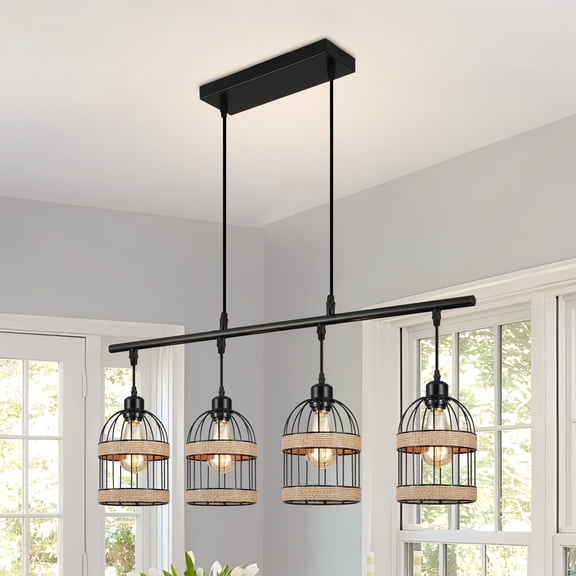 SUNICOL Black Farmhouse Chandelier for Dining Room, 4-Light Rattan Kitchen Island Light Fixture, Modern Rustic Cage Hanging Pendant Lighting over Table for Kitchen, Bar, Coffee Shop (Bulbs Included)
