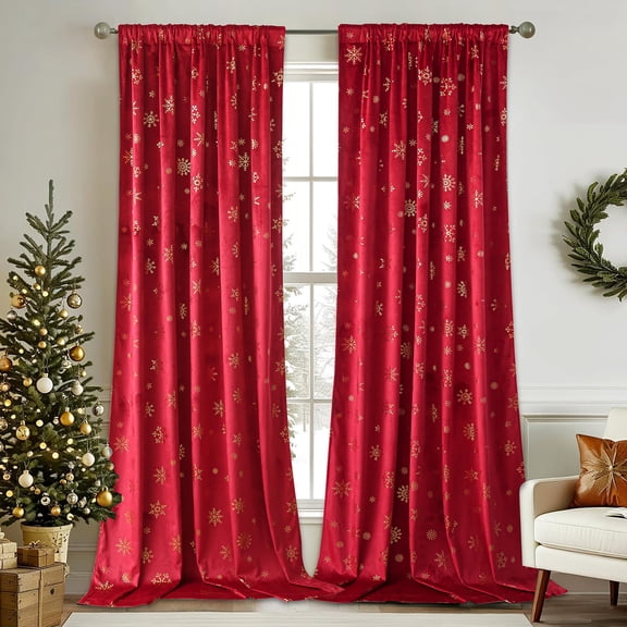 SUNICOL Christmas Velvet Curtains 2 Panels, Gold Snowflake Foil Room Darkening Thermal Insulated Window Drapes for Living Room Bedroom, Christmas Red, 52x84 Inch