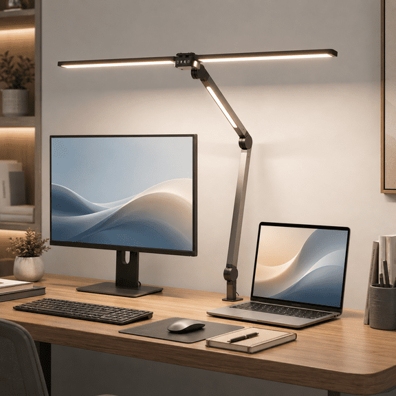 SUNICOL Double Head LED Desk Lamp with Clamp, 24W 1500LM Architect Desk Lamp for Home Office, Extra Wide Table Lamp for Dual Monitors, Eye-Caring Drafting Table Light with Remote Control