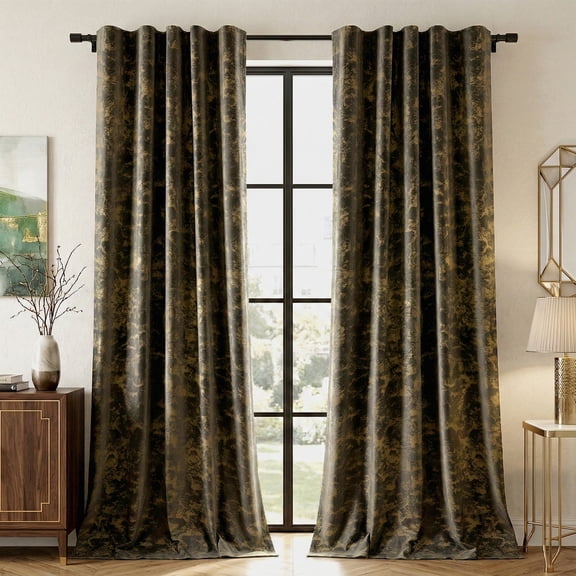 SUNICOL Gold Foil Velvet Curtains for Bedroom & Living Room, Blackout Thermal Insulated Drapes 260gsm Heavyweight Noise Reducing Window Panels with Functional Back Tab, 2 Panels, 52"x 84"
