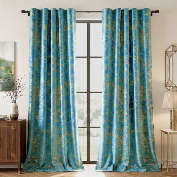 SUNICOL Gold Foil Velvet Curtains for Bedroom & Living Room, Blackout Thermal Insulated Drapes 260gsm Heavyweight Noise Reducing Window Panels with Functional Back Tab, 2 Panels, 52"x 96"