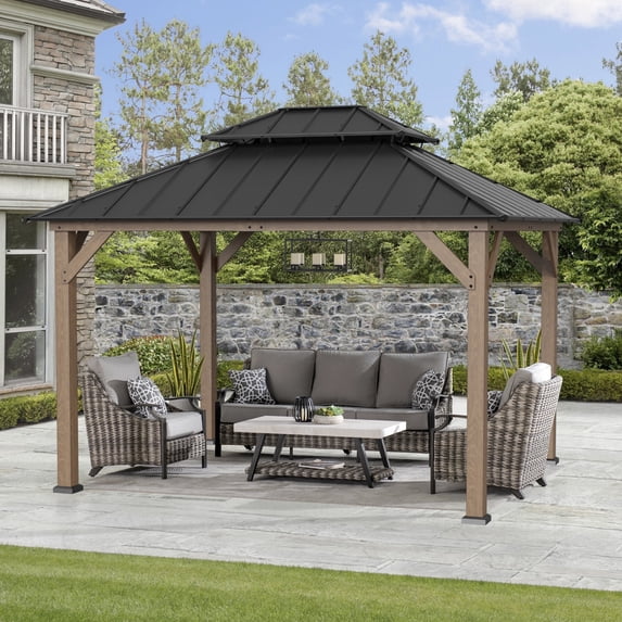 SUNJOY 10 x 12 ft. Wood Gazebo, Outdoor Patio Steel Hardtop Gazebo, Cedar Framed Wooden Gazebo with 2-Tier Metal Roof, Suitable for Patios, Lawn and Backyard, Dark Brown Roof + Dark Wood Frame