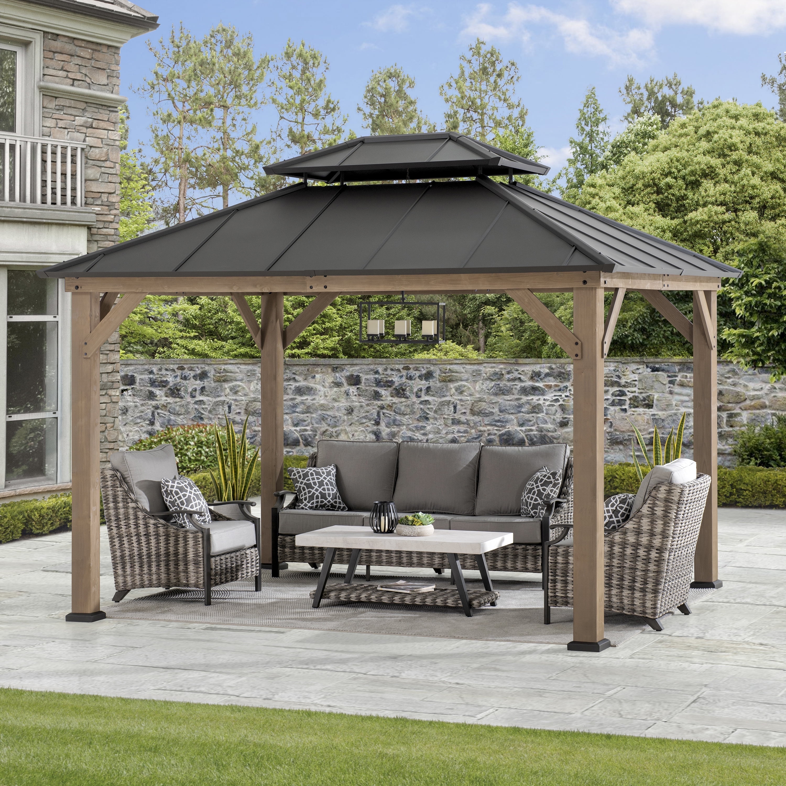 Sunjoy Cedar Wood Patio Gazebo with Hard Roof Top, 10 ft. x