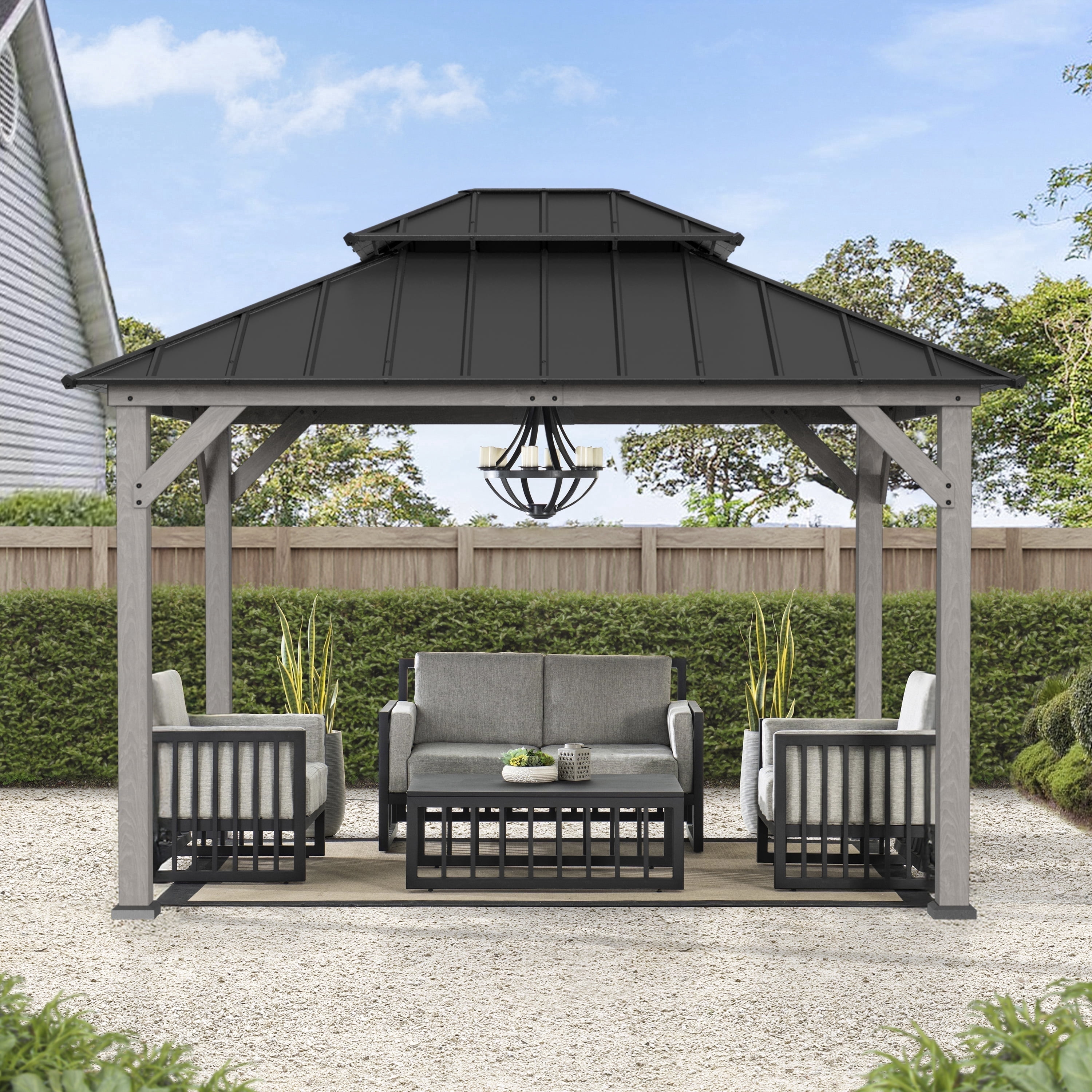 SUNJOY 10 x 12 ft. Wood Gazebo, Outdoor Patio Steel Hardtop Gazebo, Cedar Framed Wooden Gazebo with 2-Tier Metal Roof, Suitable for Patios, Lawn and Backyard, Matte Black Roof + Gray Wood Frame