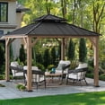 thumbnail image 1 of Sunjoy 11 x 11 ft Outdoor Wooden Gazebo Patio Steel Hardtop Gazebo with Cedar Frame and Ceiling Hook Wood Gazebo with 2-tier Metal Roof for Patios, Lawn, and Backyard, Brown, 1 of 11