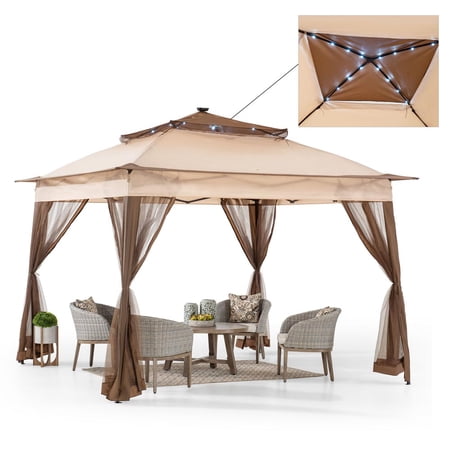 SUNJOY 11x11 Pop Up Gazebo with Solar Powered LED Light, 2-Tier Steel Frame Soft Top Gazebo with Carry Bag