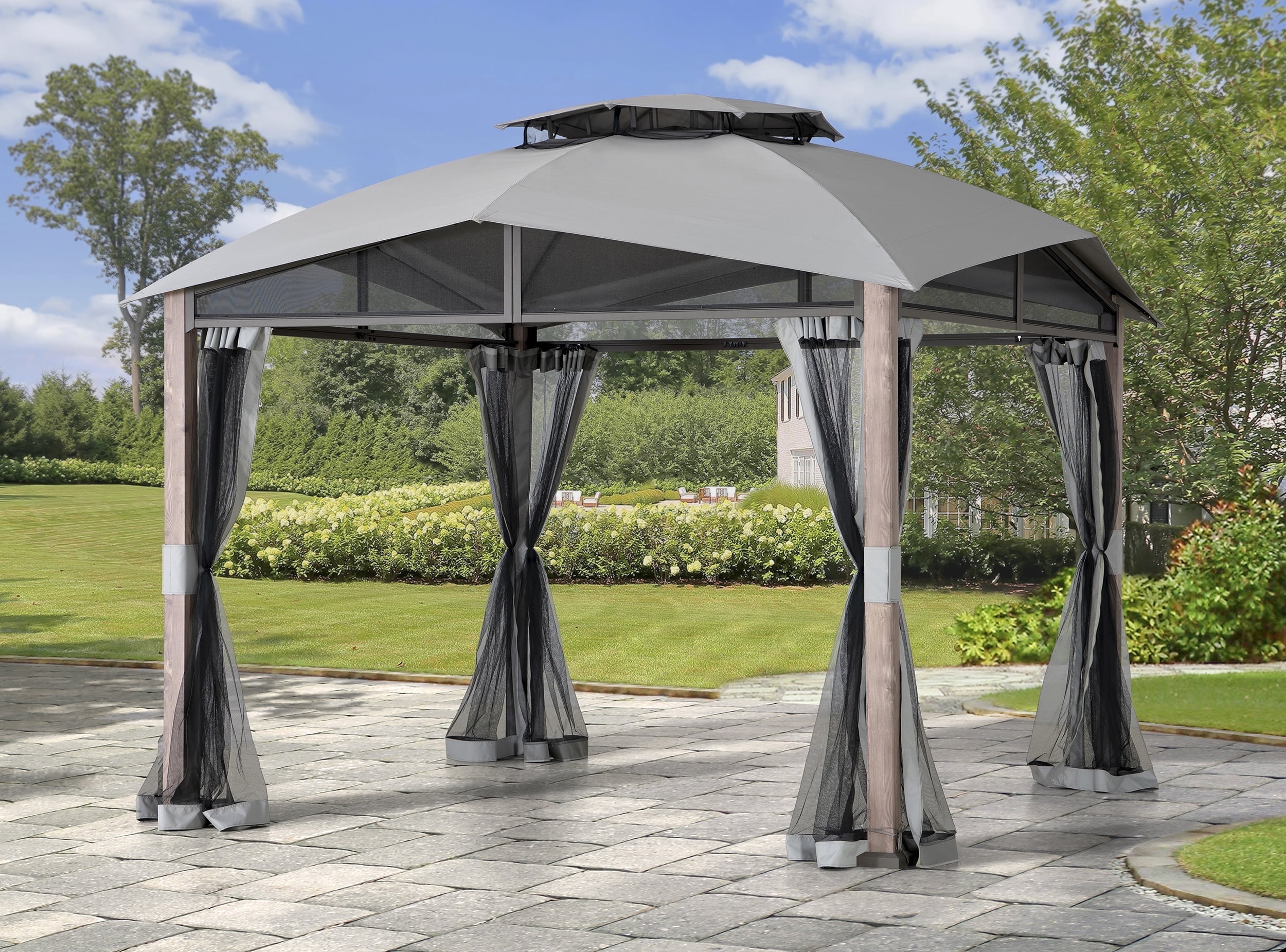 Gray Steel Frame Outdoor Gazebo with Mesh Netting and 2-Tier Roof