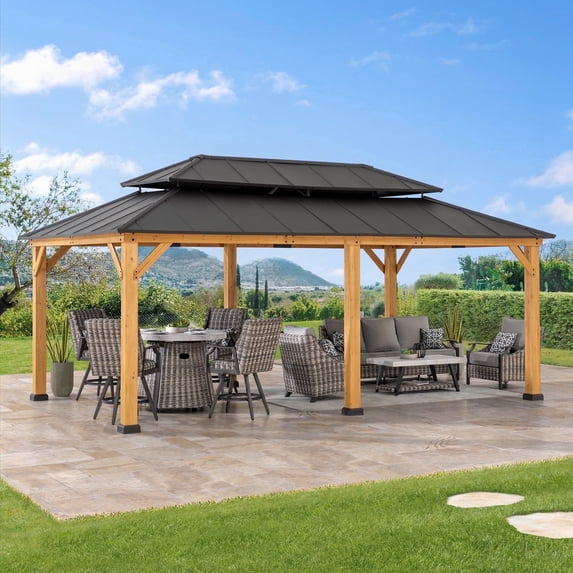 SUNJOY 12 x 20 ft. Wood Gazebo, Outdoor Patio Steel Hardtop Gazebo, Cedar Framed Wooden Gazebo with 2-Tier Metal Roof, Suitable for Patios, Lawn and Backyard, Dark Brown Roof + Natural Wood Frame