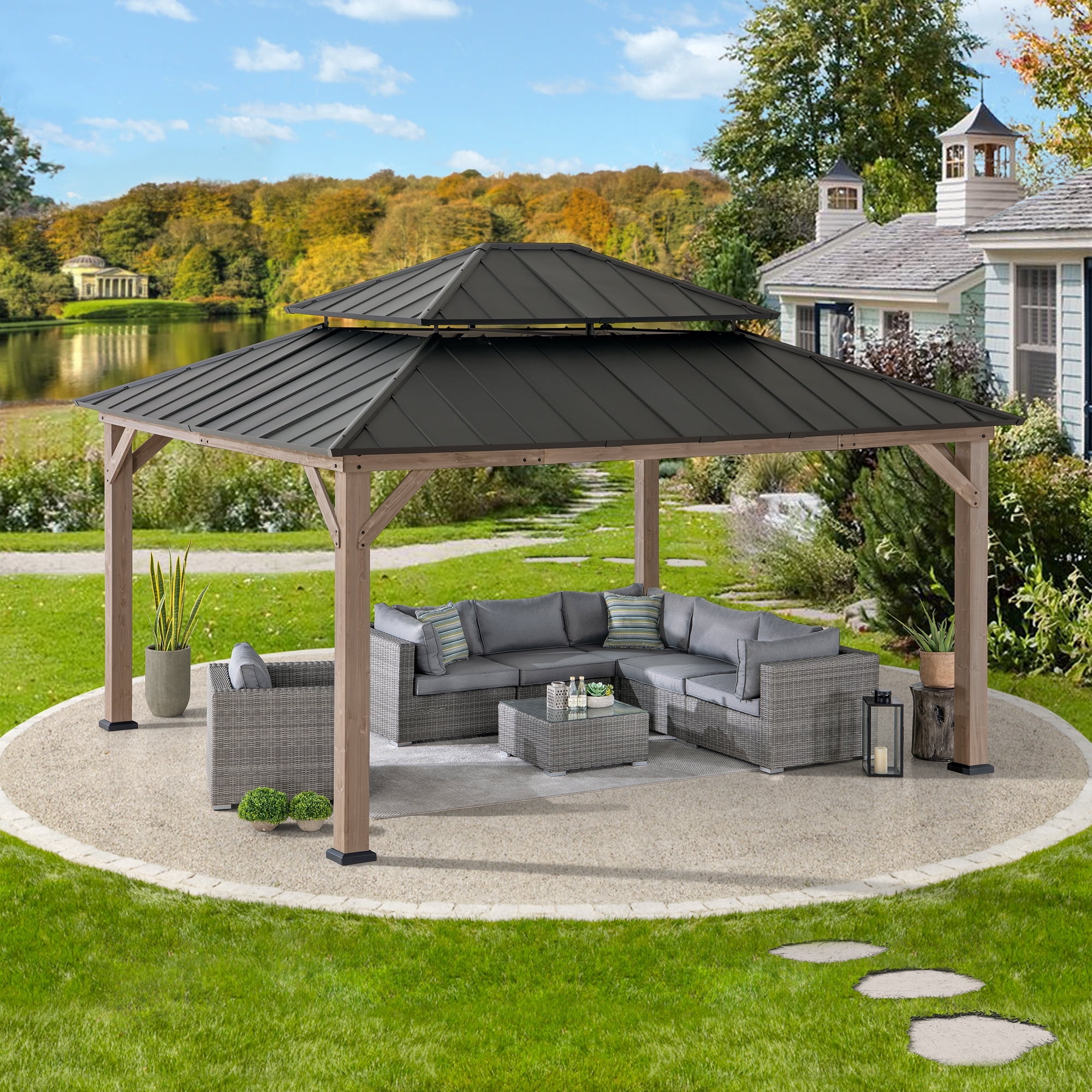 Sunjoy Archwood 13x15 ft Wooden Patio Solid Hardtop Outdoor Gazebo