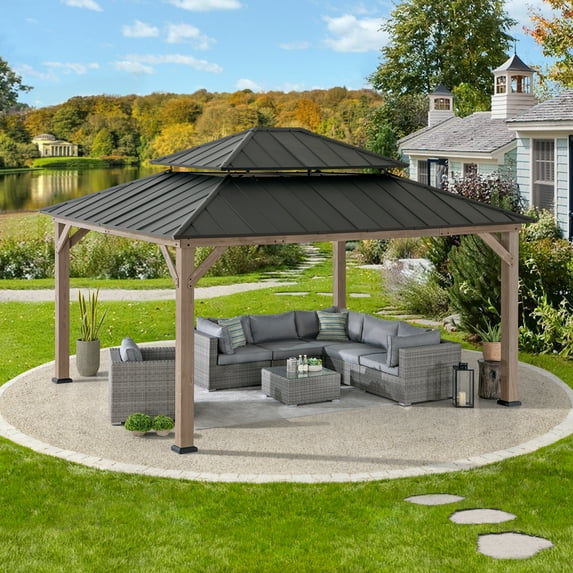 SUNJOY 13 x 15 ft. Wood Gazebo, Outdoor Patio Steel Hardtop Gazebo, Cedar Framed Wooden Gazebo with 2-Tier Metal Roof, Suitable for Patios, Lawn and Backyard, Dark Brown Roof + Dark Wood Frame
