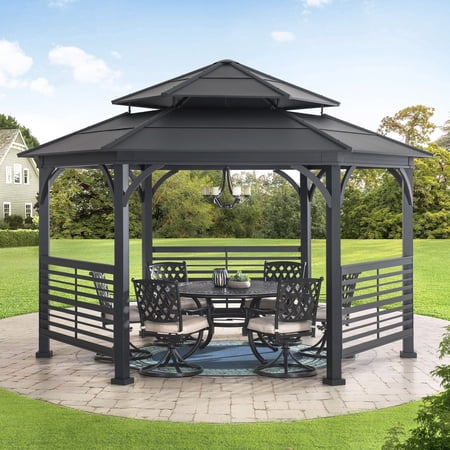 SUNJOY 15' x 15' Macomb Hexagon Hardtop Gazebo with Decorative Fence, Dual Rails and Ceiling Hook