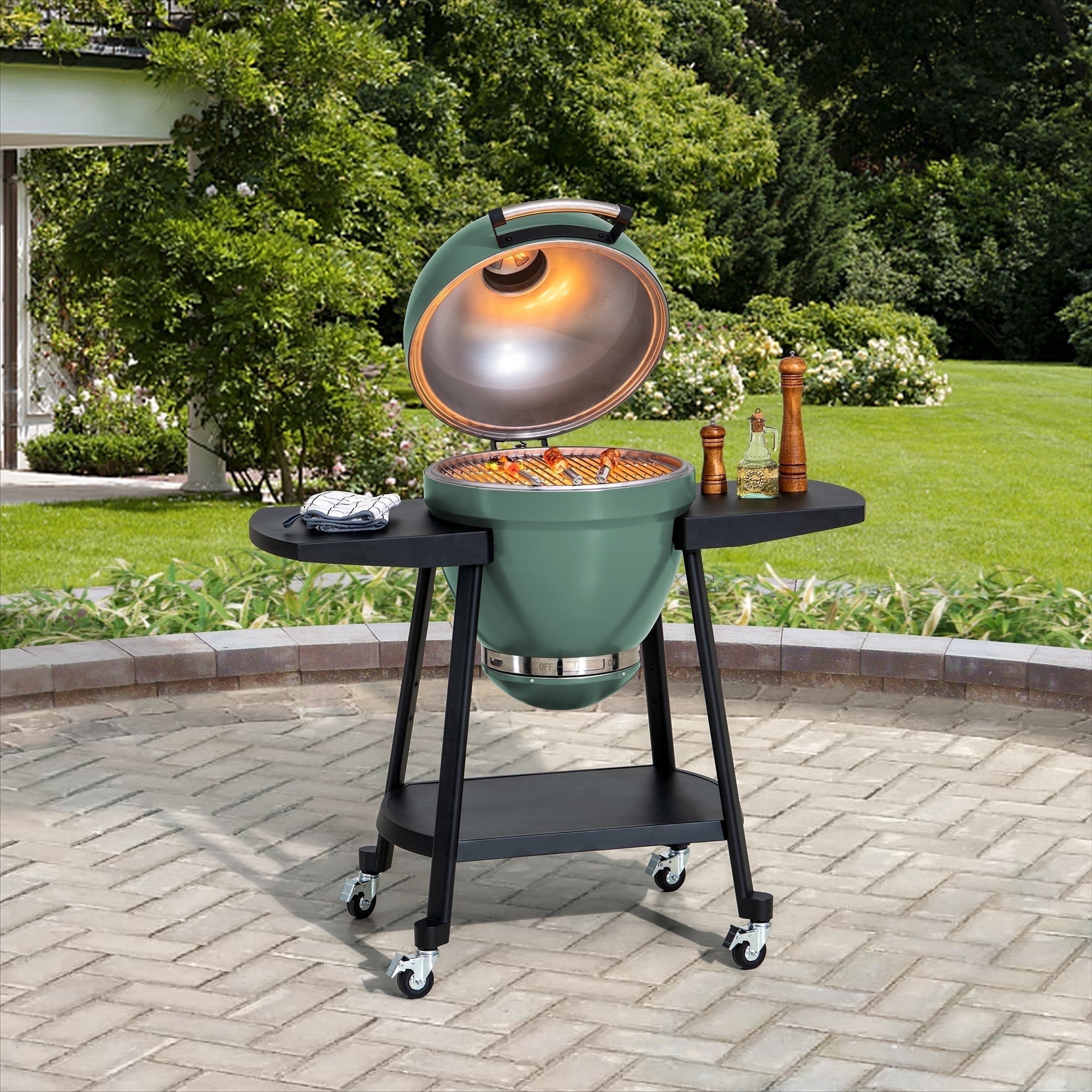 SUNJOY 20 inch Charcoal Grill, Egg-shaped Outdoor Grill with Pizza Stone, Ultimate BBQ Grill and Smoker with Wheels, Green