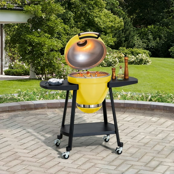 SUNJOY 20 inch Charcoal Grill, Egg-shaped Outdoor Grill with Pizza Stone, Ultimate BBQ Grill and Smoker with Wheels, Yellow