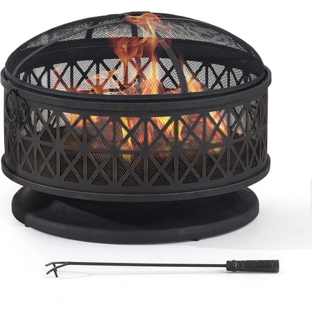 SUNJOY 30 Inch Outdoor Fire Pit, Patio Black Round Wood-Burning Steel Firepit Large Fire Pits for Outside with Spark Screen and Fire Poker