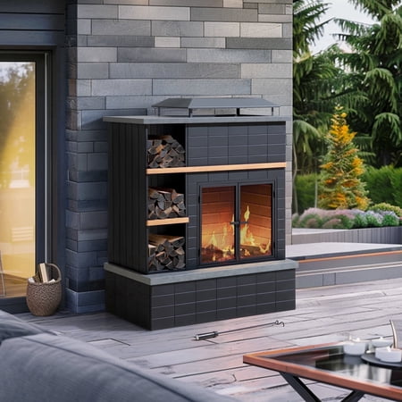 SUNJOY 42 in. Outdoor Wood-Burning Steel Fireplace with Chimney, 3-Tier Log Storage Shelves, Locking Mesh Doors, Fire Poker and PVC Cover, Black and Wood Look