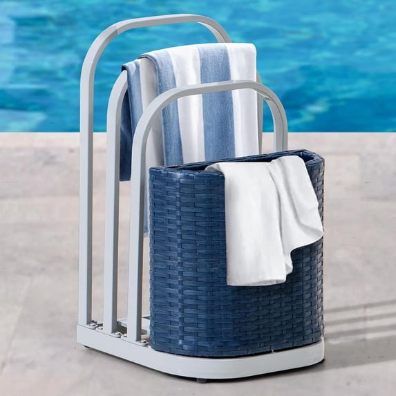 SUNJOY Aluminum Pool Float Storage Rack, 16-Inch Outdoor Wicker Poolside Float Organizer, Pool Float Caddy for Cushions, Floaties, Noodles, Pool Toys, Navy