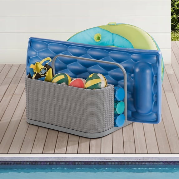 SUNJOY Aluminum Pool Float Storage Rack, 35-Inch Outdoor Wicker Poolside Float Organizer, Pool Float Caddy for Cushions, Floaties, Noodles, Pool Toys, Grey
