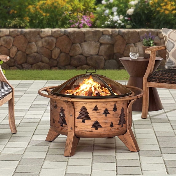 SUNJOY Fire Pit 30 Inch Outdoor Wood-Burning Portable Fire Pit, Patio Tree Motif Round Steel Firepit Large Fire Pits for Outside with Spark Screen and Poker