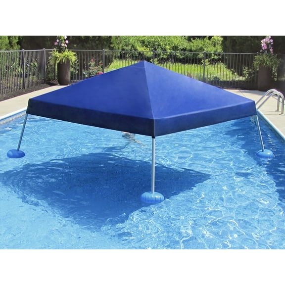 SUNJOY Floating Pool Canopy 10' × 10’ Pop Up Gazebo Navy Fabric Canopy, Steel and Aluminum Frame Floating Tent with PVC Floats, Hand Air Pump and Carry Bag