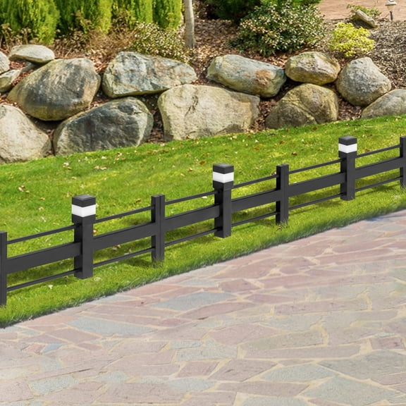 SUNJOY Garden Fence Solar Border Fencing with Waterproof LED Path Lights, Metal Strip Pattern Fence Panel Outdoor Decorative Garden Fences(5PK), Black