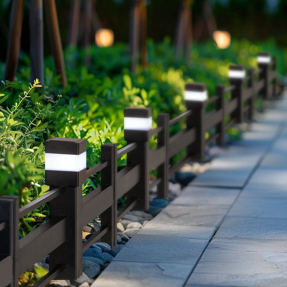 SUNJOY Garden Fence Solar Border Fencing with Waterproof LED Path Lights, Metal Strip Pattern Fence Panel Outdoor Decorative Garden Fences(5PK), Brown