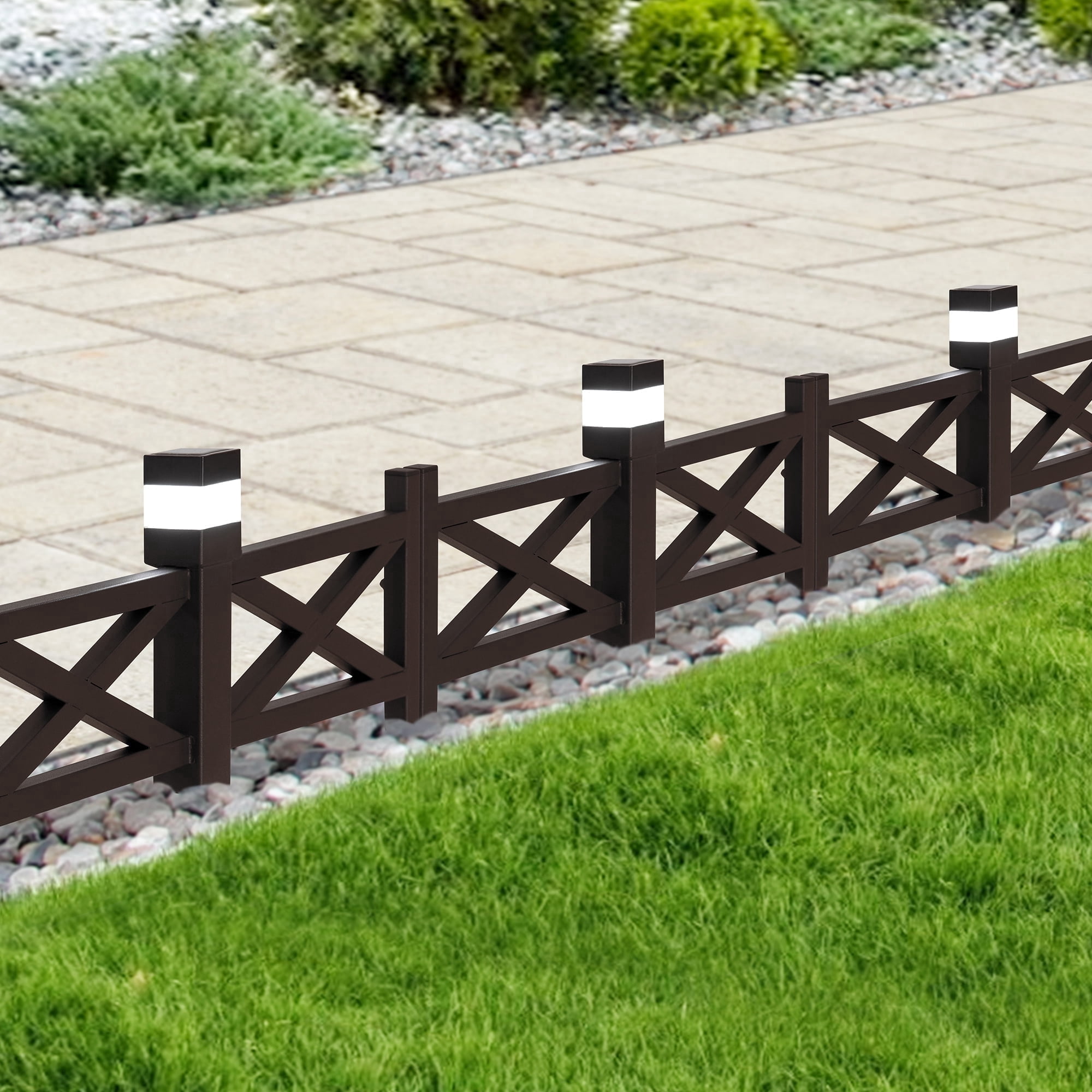 SUNJOY Garden Fence Solar Border Fencing with Waterproof LED Path Lights, Metal Lattice Fence Panel Outdoor Decorative Garden Fences(5PK), Brown