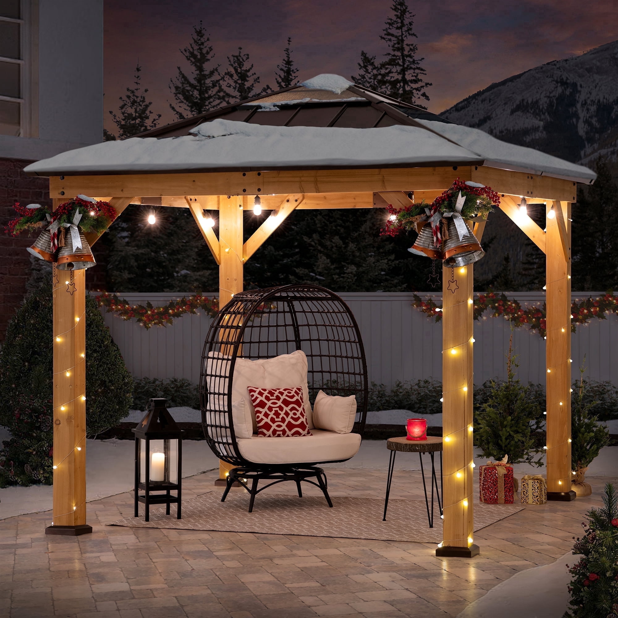 SUNJOY Hardtop Gazebo 9 x 9 ft. Cedar Framed Wood Gazebo with Brown Steel & Polycarbonate Pyramid Hip Roof and Ceiling Hook for Garden, Backyard Shade, Brown Roof + Natural Wood Frame