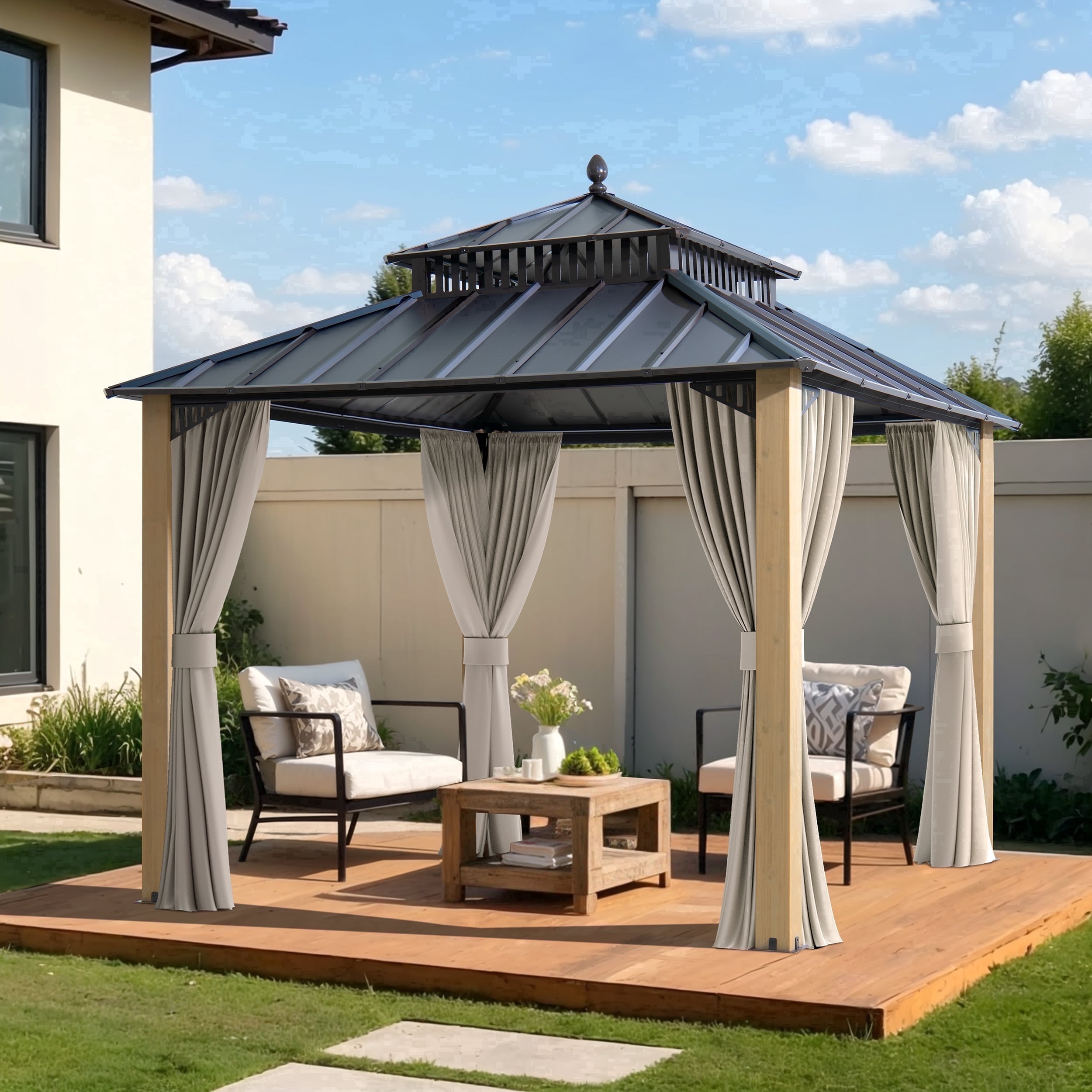 SUNJOY Kingston 10x10 Gazebo with Metal Roof , Curtain, and Netting - Cedar Posts