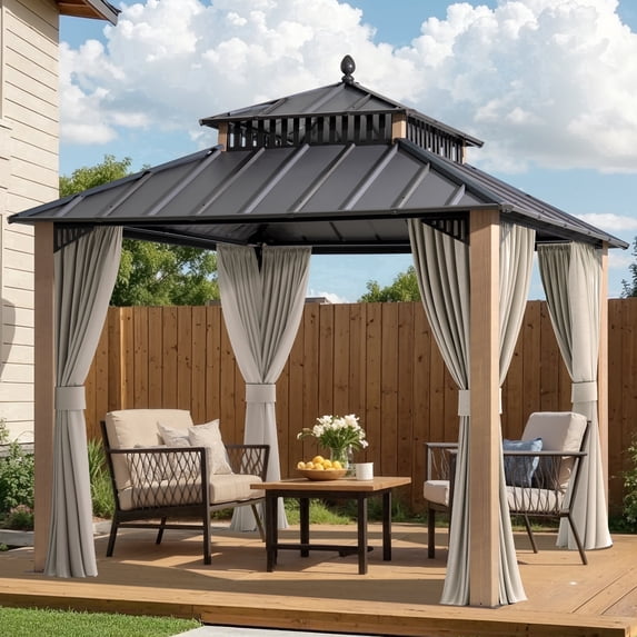 Sunjoy 10x10 Gazebo with Metal Roof, Curtain, and Netting, Woodgrain Aluminum Posts,Kingston