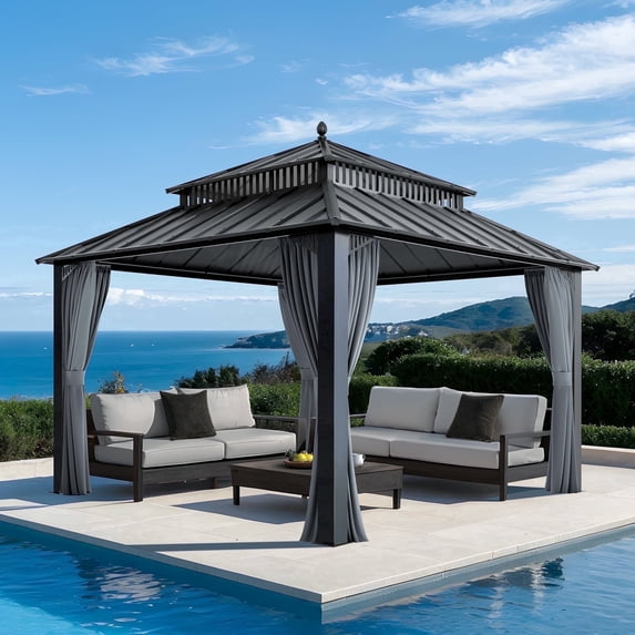 Sunjoy 12x12 Gazebo, Steel Hardtop Gazebo with Curtain and Netting , Gray Aluminum Posts,Kingston Series