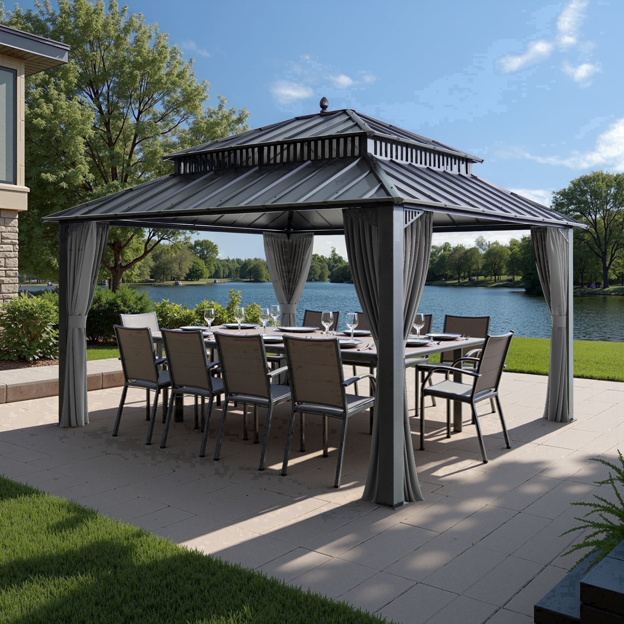 Sunjoy 14x12 ft. Outdoor Pavilion Gazebo Steel Hardtop Gazebo with Curtain and Netting,Kingston Series