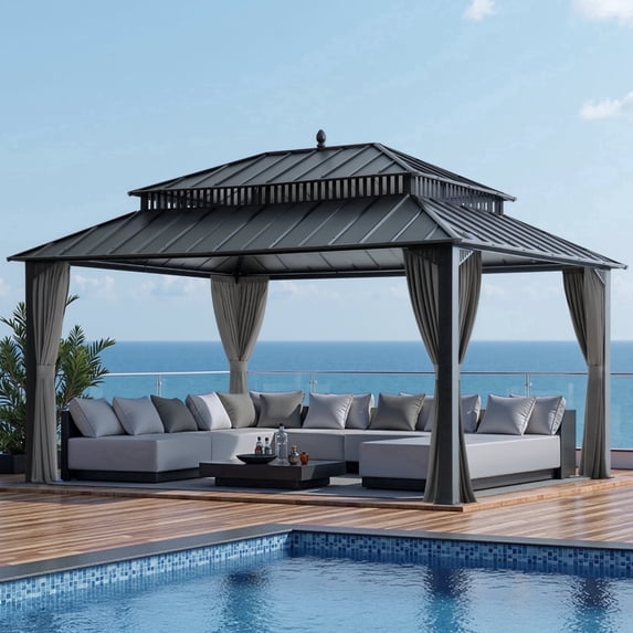 Sunjoy 16x12 ft. Outdoor Gazebo Steel Hardtop with Curtain and Netting,Kingston Series