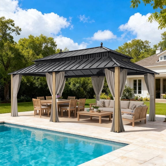 SUNJOY Kingston 20x12 Gazebo, Steel Hardtop Gazebo with Curtain and Netting - Cedar Posts
